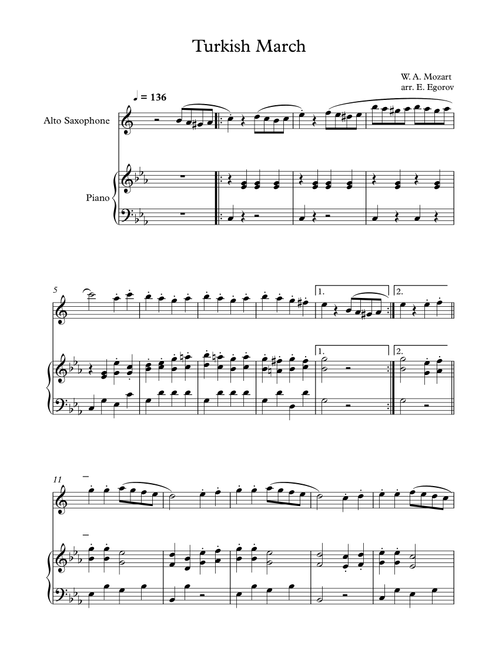 Turkish March, Wolfgang Amadeus Mozart, For Alto Saxophone & Piano (Arr. Eugene Egorov) (Alto Sax and Piano)