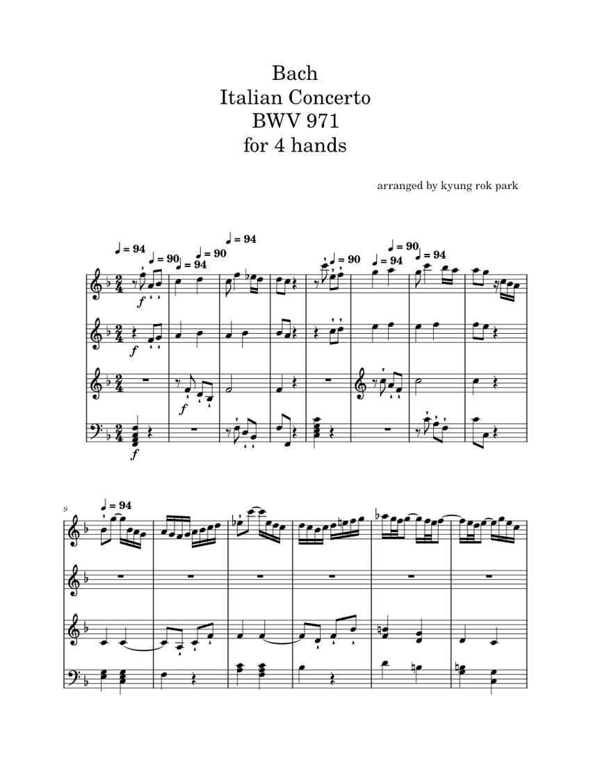 Bach Italian Concerto BWV 971 for 4 hands Sheet Music for Piano