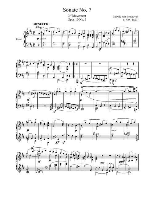 Piano Sonata No.7 , Op.10 No.3 - Movement 3 (Arr. Ludwig Van Beethoven) (Piano Solo)
