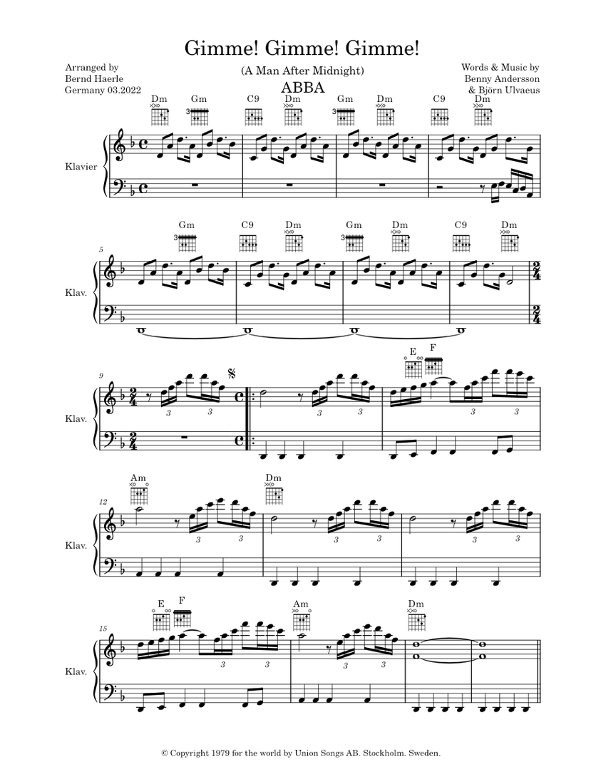 Gimme! Gimme! Gimme! (A Man After Midnight) – ABBA Sheet