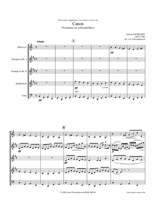 Pachelbel's Canon - Brass Quintet - French Horn, 2 Trumpets, Euphonium or Trombone, Tuba (Arr. Anne L Christopherson GRSM ARCM) - Pachelbel, Johann (Brass Ensemble)