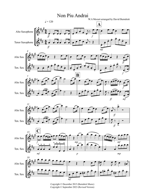 Non Piu Andrai for Alto and Tenor Saxophone Duet (Arr. David Burndrett) - Wolfgang Amadeus Mozart (Instrumental Duet)