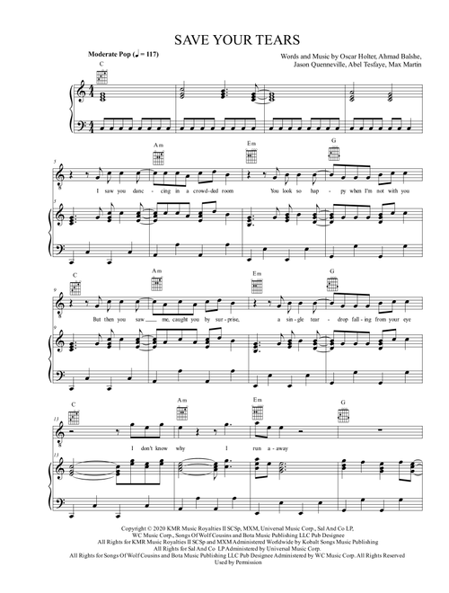 Save Your Tears (Arr. Alan Díaz) - The Weeknd (Piano-Vocal-Guitar (Piano Accompaniment))