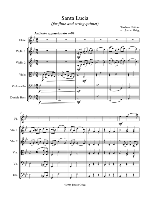 Santa Lucia (for flute and string quintet) (Arr. Jordan Grigg) - Teodoro Cottrau (Small Ensemble)