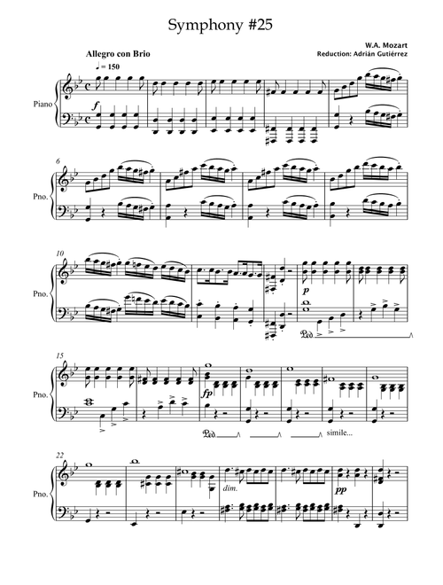 W.A. Mozart 1 mov Symphony 25 piano reduction (Arr. Adrián Gutiérrez) (Piano Solo)