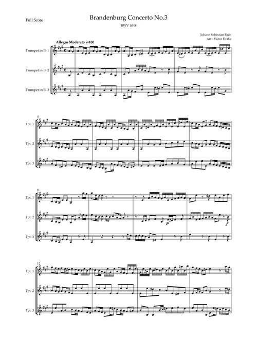Brandenburg Concerto No. 3 in G major, BWV 1048 1st Mov. (J.S. Bach) for Trumpet in Bb Trio (Arr. Victor Drake) - Joahann Sebastian Bach (Brass Ensemble)