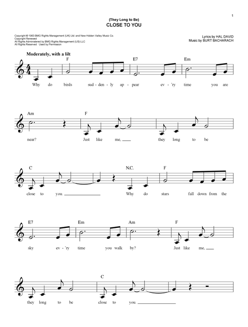 (They Long To Be) Close To You - Carpenters (Easy Lead Sheet - Fake Book)