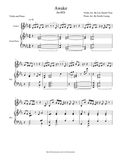 Awake - BTS Jin | For Violin with Piano Accompaniment