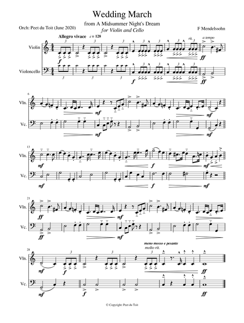 Wedding March from A Midsummer Night's Dream, Op. 61 - F Mendelssohn (Violin & Cello) excerpt (Arr. Peet du Toit) - Felix Mendellsohn (Instrumental Duet)