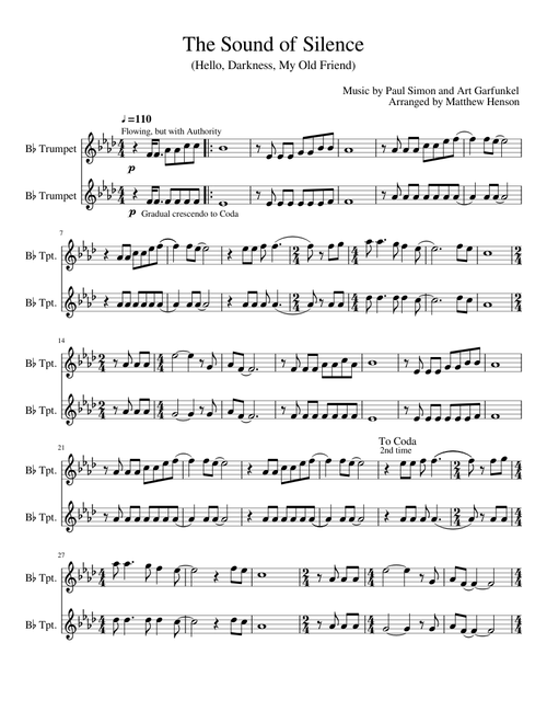 The Sound of Silence for two G Bugles or Bb Trumpets