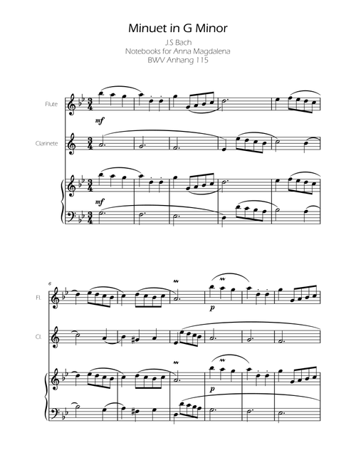 Minuet in G minor BWV Anh. 115 - Bach - Flute and Clarinet (Arr. Ygor Nunes Silva) - Johann Sebastian Bach (Instrumental Duet and Piano)