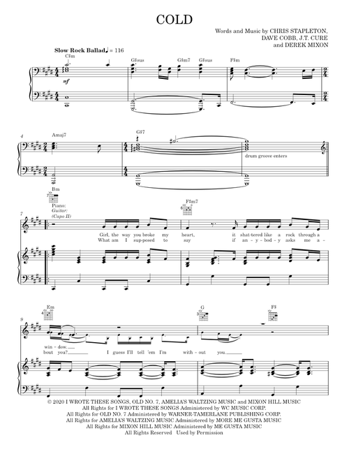 Cold - Chris Stapleton, John Fogerty (Piano-Vocal-Guitar)