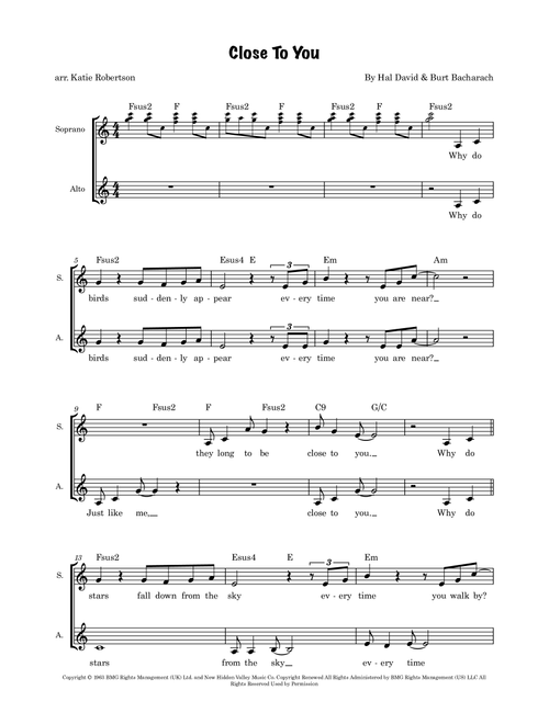 (They Long To Be) Close To You (Arr. Katie Robertson) - The Carpenters (Choral, SA)