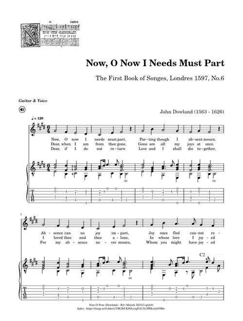 Now, O Now I Needs Must Part - John Dowland (1563 - 1626) - Tablature