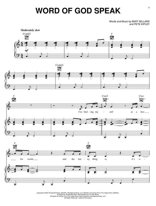 Word Of God Speak - Kutless, MercyMe (Piano-Vocal-Guitar)