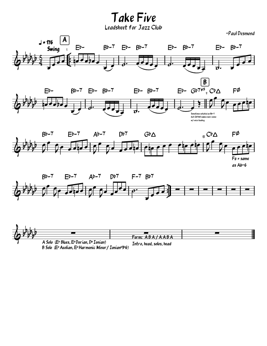 Take Five Lead Sheet Sheet Music For Piano Solo Musescore