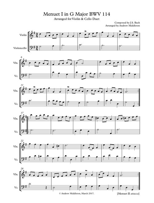 Menuet in G BVW 114 for Violin and Cello Duet (Arr. Andrew Middleton) - JS Bach (Instrumental Duet)