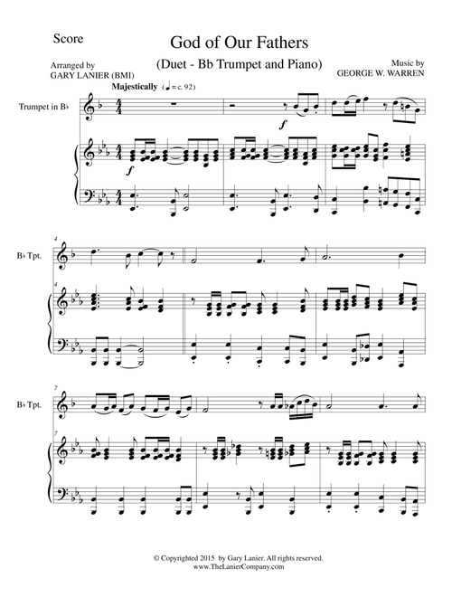 GOD OF OUR FATHERS (Duet – Bb Trumpet and Piano/Score and Parts) (Arr. Gary Lanier) - George W Warren (Instrumental Duet)