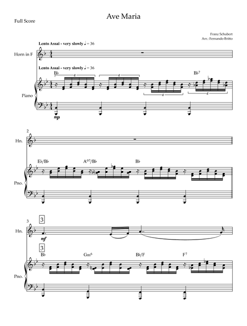 Ave Maria (Franz Schubert) for Horn in F Solo and Piano with Chords (Arr. Fernando Britto) (French Horn and Piano)