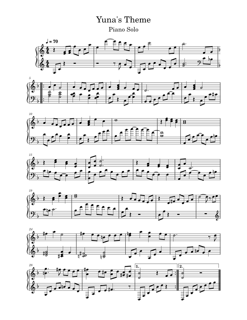 Final Fantasy X: Yuna's Theme - Piano Solo Sheet Music for Piano