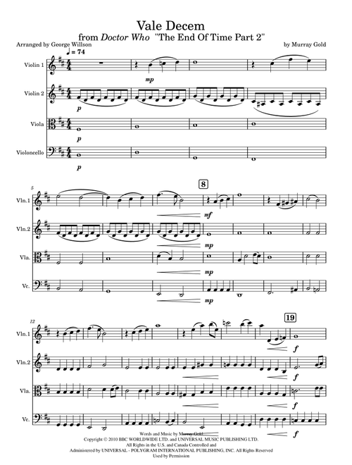 Vale Decem (Arr. George Willson) - Murray Gold (String Quartet)