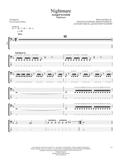 Nightmare (Arr. Gavin Jackson Music) - Avenged Sevenfold (Bass Tab)