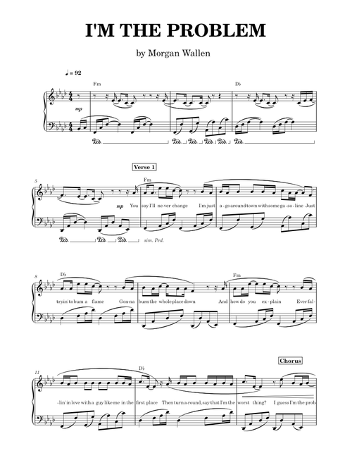 I'm The Problem - Morgan Wallen sheet music arranged by lord.arranger for Solo
