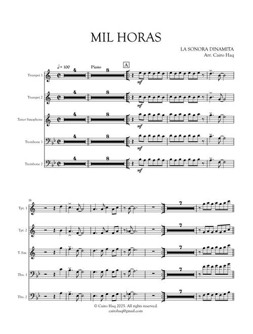 Mil Horas (Brass/Horns Parts) (Arr. Cairo Haq) - La Sonora Dinamita (Small Ensemble)