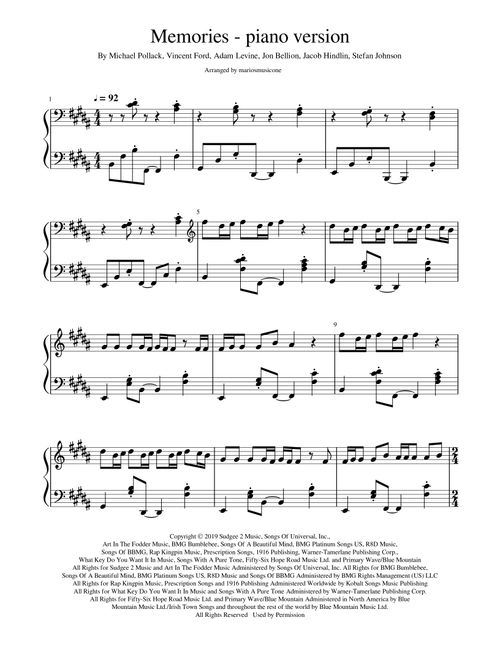 Memories (Arr. mariosmusicone) - Maroon 5 (Piano Solo)