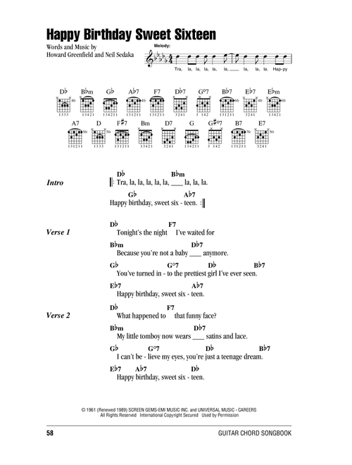 Happy Birthday Sweet Sixteen - Neil Sedaka (Guitar Chords-Lyrics)