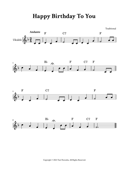 Happy Birthday To You - For Ukulele (F Major - with Chords) (Arr. Yuri Noronha) - Traditional (Ukulele)