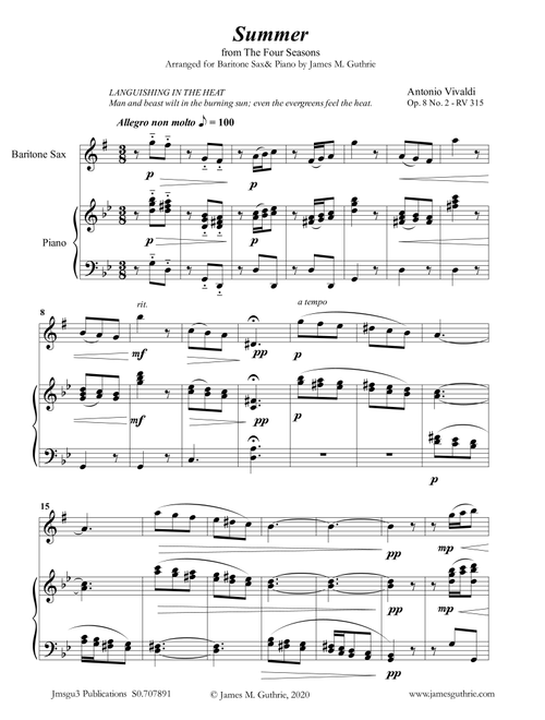 Vivaldi: Summer from the Four Seasons for Baritone Sax & Piano (Arr. James M. Guthrie, ASCAP) (Baritone Sax and Piano)