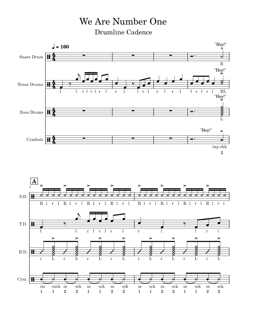 We Are Number One Sheet music for Snare drum, Crash, Tenor drum, Bass