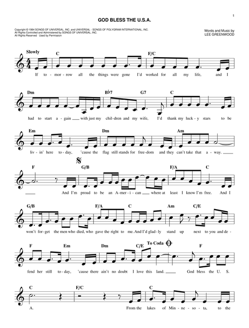 God Bless The U.S.A. - Lee Greenwood (Easy Lead Sheet - Fake Book)