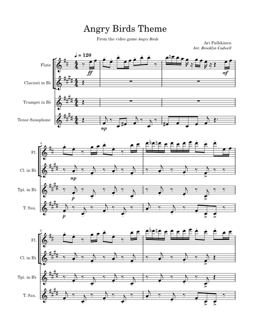Angry Birds Theme – Quartet for flute, Bb clarinet, Bb trumpet, and tenor saxophone
