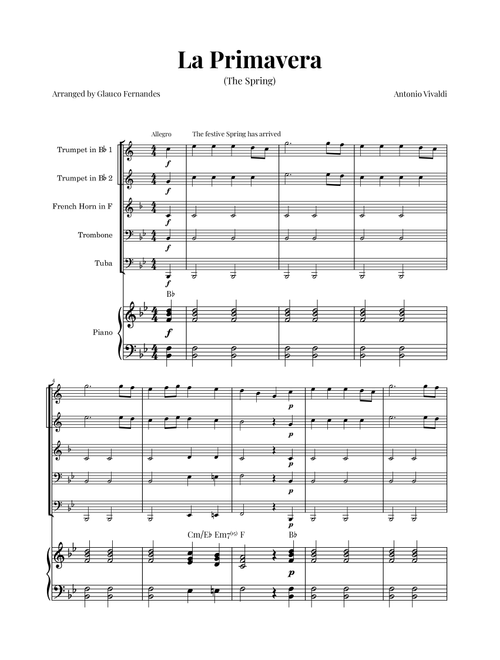La Primavera (The Spring) by Vivaldi - Brass Quintet with Piano and Chord Notations (Arr. Glauco Fernandes) - Antonio Vivaldi (Brass Ensemble)