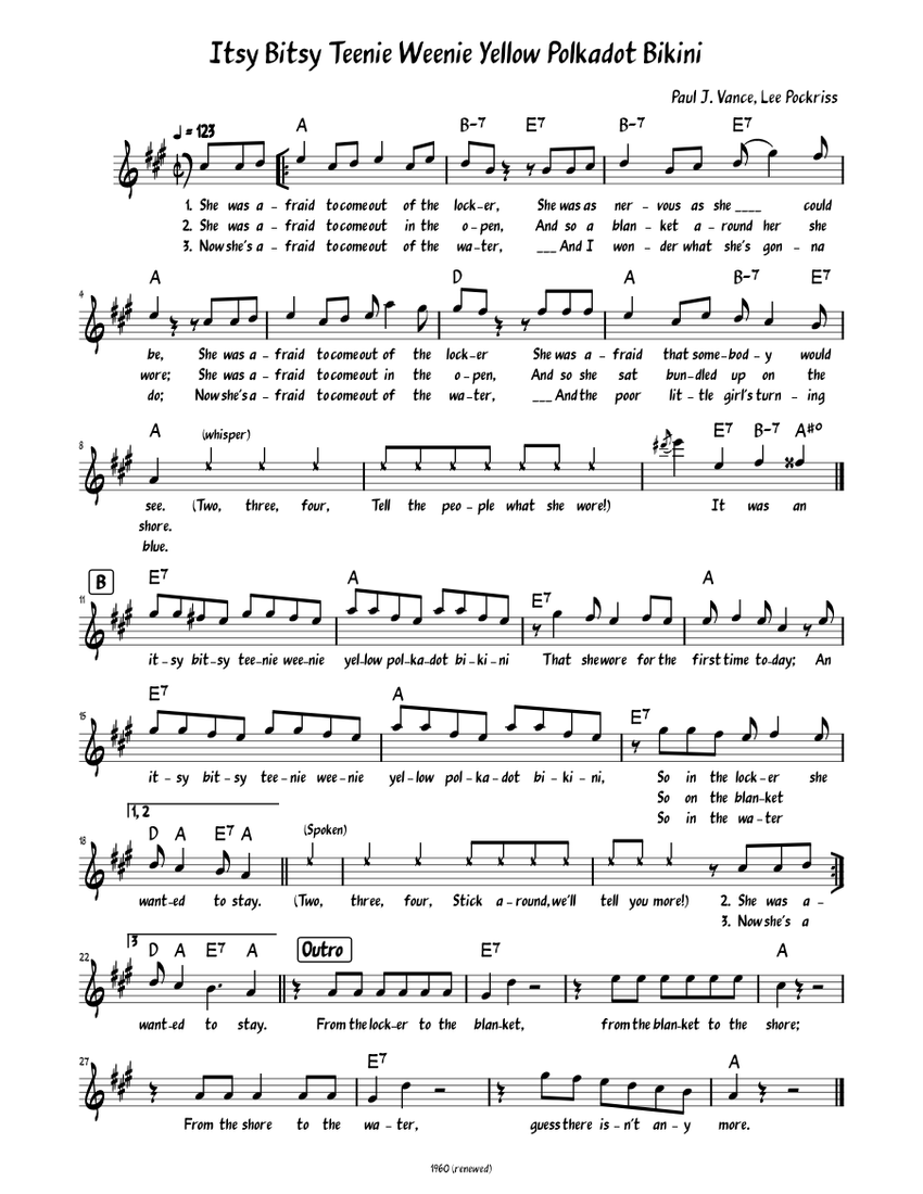 Itsy Bitsy Teenie Weenie Yellow Polkadot Bikini (Lead sheet with lyrics