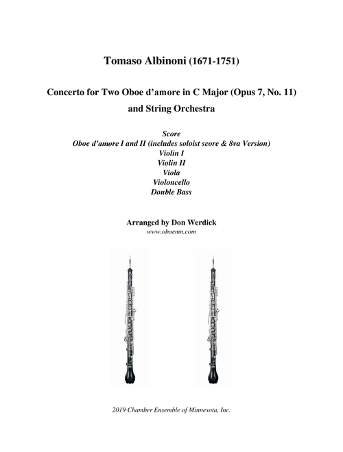 Concerto for Two Oboe d’amore in C Major, Op. 7 No. 11 and String Orchestra (Arr. Don Werdick (1946 - )) - Tomaso Albinoni (1671-1751) (Small Ensemble)