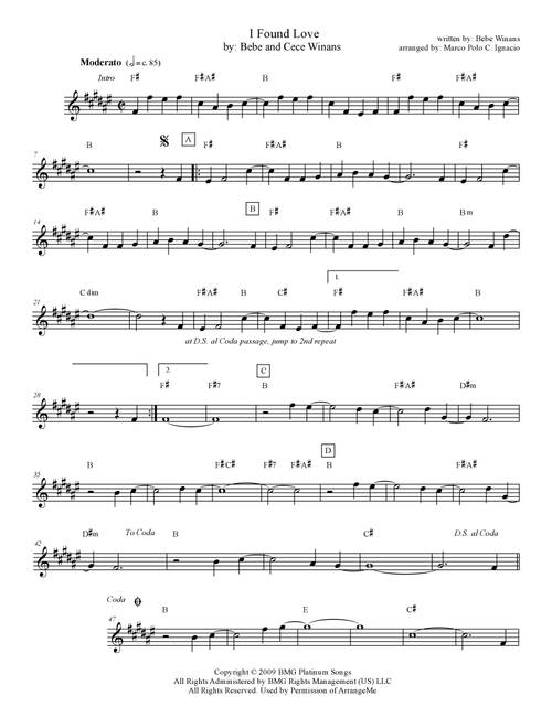 I Found Love (Arr. Marco Polo Ignacio) - BeBe Winans (Lead Sheet - Fake Book)