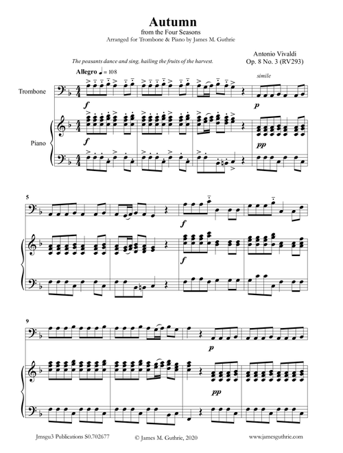 Vivaldi: Autumn from the Four Seasons for Trombone & Piano (Arr. James M. Guthrie, ASCAP) (Trombone and Piano)