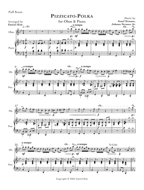Pizzicato-Polka (Oboe & Piano) (Arr. Daniel Kim) - Johann Strauss Jr, Josef Strauss (Oboe and Piano)
