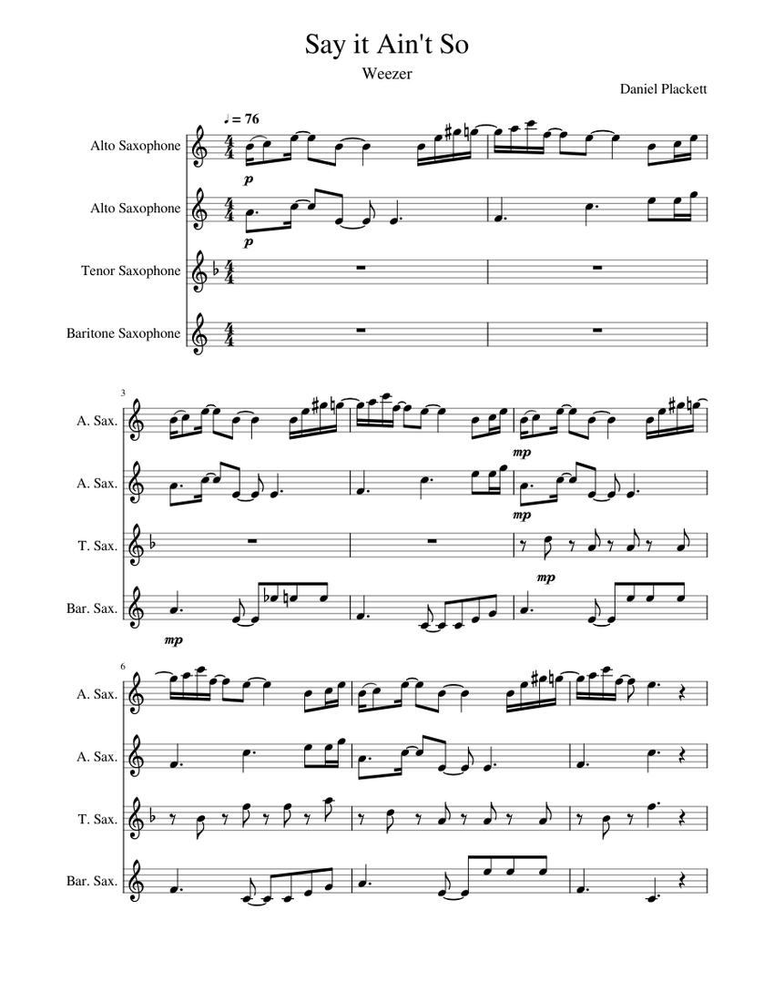 Weezer Riff Notes Baritone Say It Ain't So - Weezer Sheet Music for Saxophone alto, Saxophone ...
