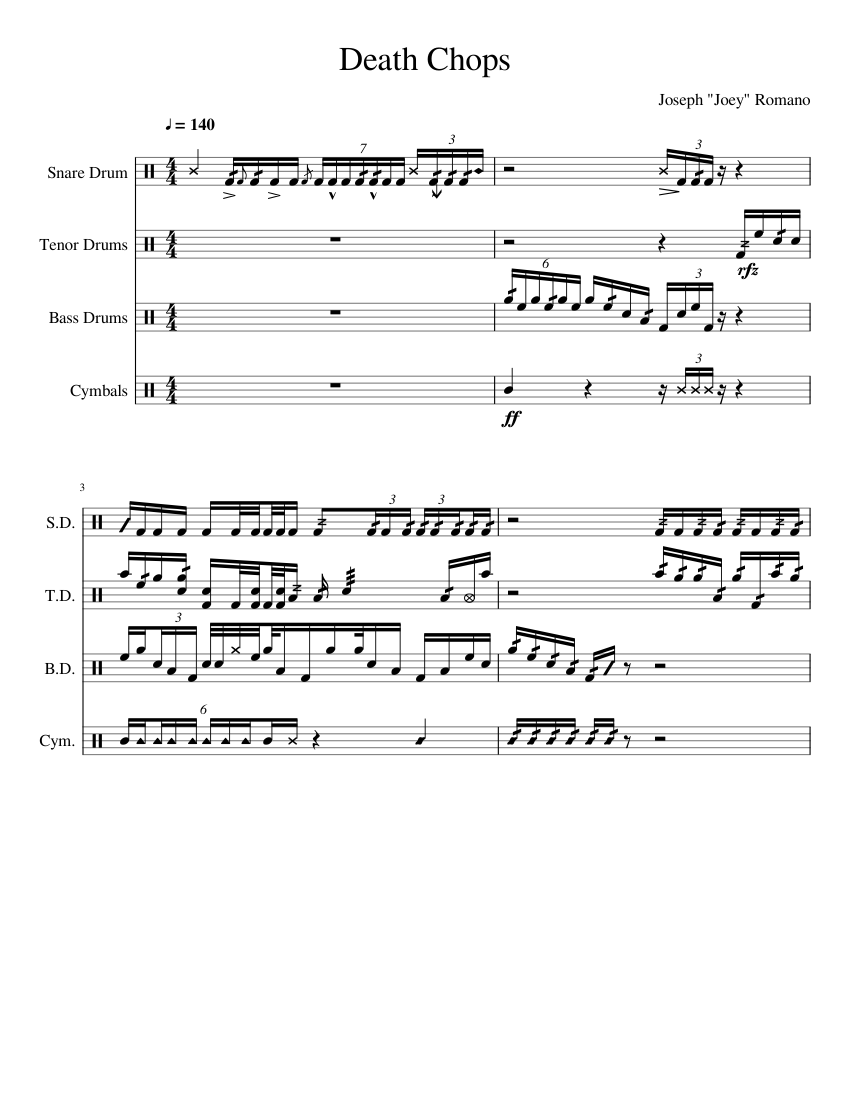 Death Chops Sheet music for Snare drum, Crash, Tenor drum, Bass drum