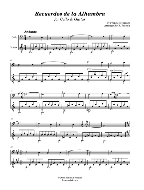 Recuerdos de la Alhambra (for Cello & Guitar) (Arr. Kenneth Pasciak) - Francisco Tárrega (Instrumental Duet)