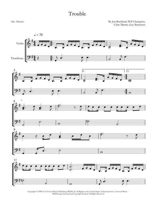 Trouble (Arr. Arezzo Music) - Coldplay (Instrumental Duet)