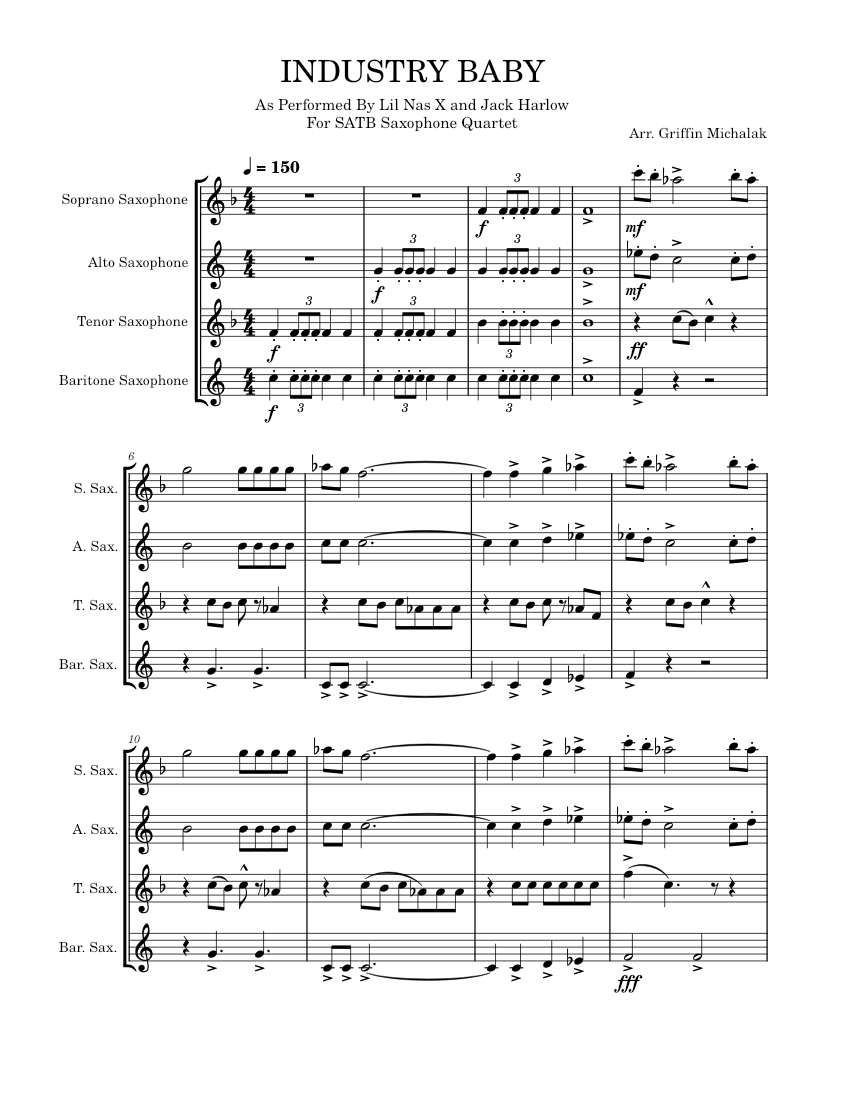 Industry Baby Lil Nas X For SATB Saxophone Quartet Sheet music for Saxophone alto, Saxophone