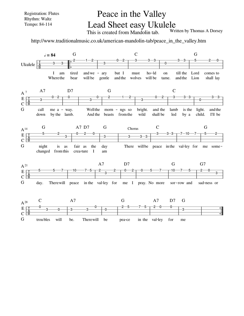 Peace in the valley Ukulele Sheet Music and Tab with Chords for Ukulele ...