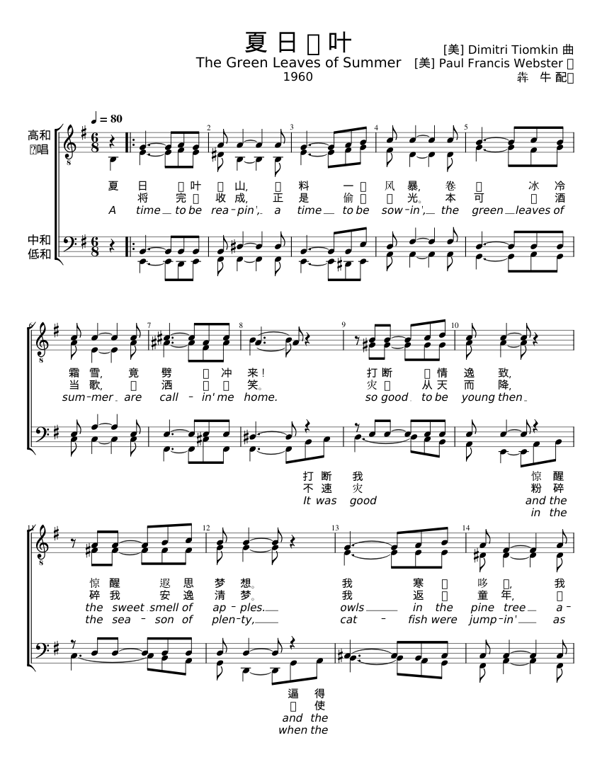 夏日绿叶 The Green Leaves of Summer Sheet music for Tenor, Bass voice (Men