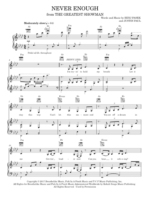 Never Enough (from The Greatest Showman) - Emma Stone, Pasek & Paul (Piano-Vocal-Guitar)
