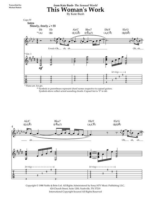 This Woman's Work (Arr. Transcriber- Michael Butzen) - Kate Bush (Guitar Tab with Voice)